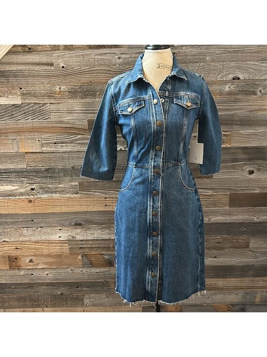 Etica Dresses & Skirts - Etica Denim Snap Front 3/4 Sleeve Raw Hem Jordyn Trucker Jean Dress Size S NWT